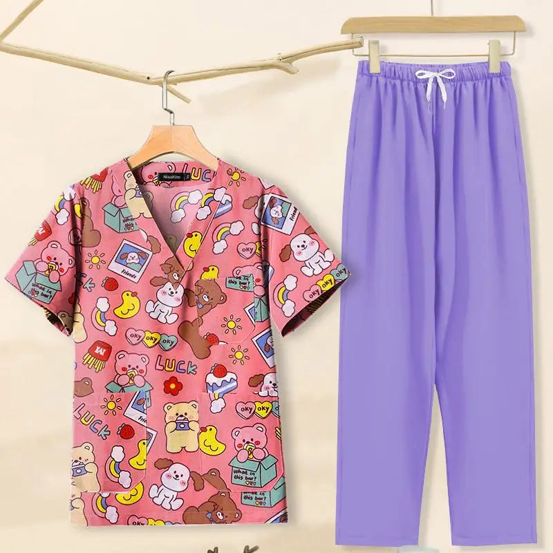 In Stock T62060 Cotton Printed Scrubs Suit Designs Women Mirror Woman Suit Scrubs Uniforms Sets Nurse Men With logo
