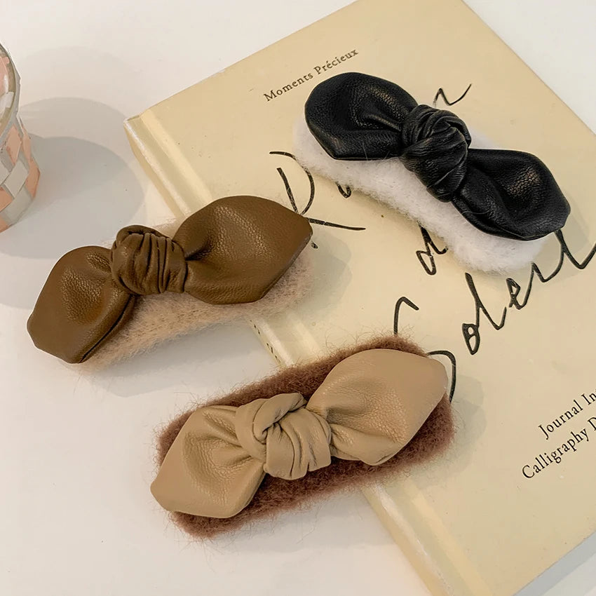 Autumn Winter Warm Plain Color Women Hair Clips Vintage Leather Bow Knot Barrette Hot Selling Fluffy Soft Fluffy Soft