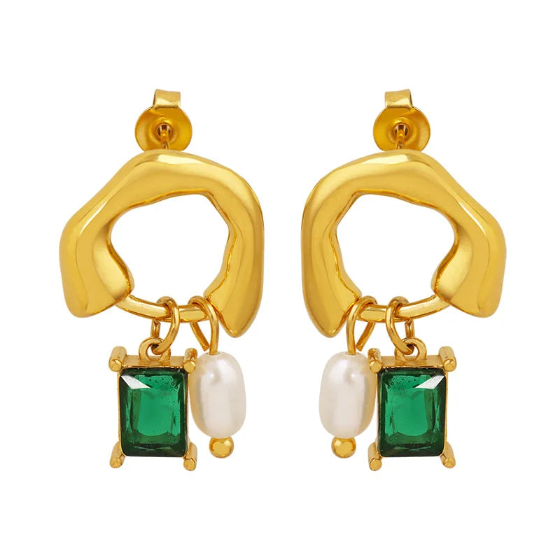 18k Gold Plated Stainless Steel Irregular Square Shape Cubic Zirconia Natural Freshwater Pearl Pendant Earrings YF3259