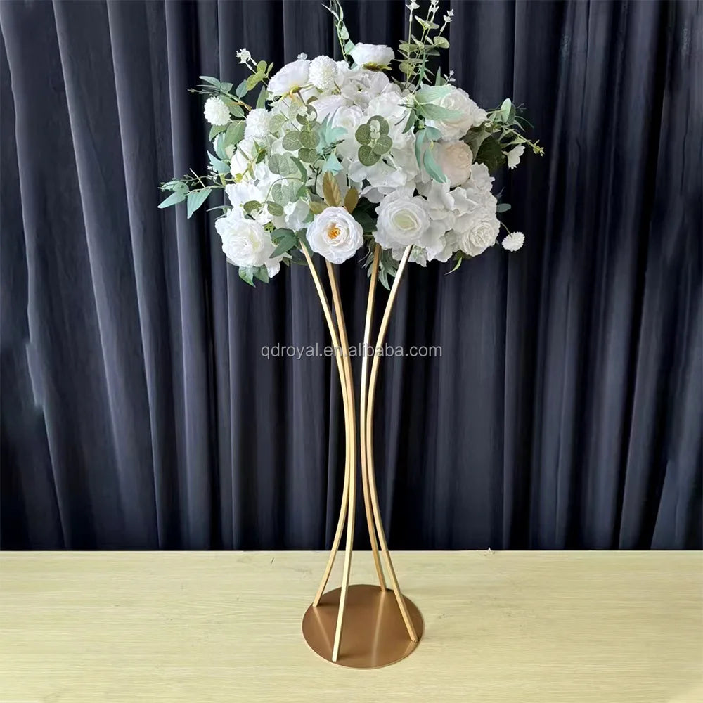 Gold Tall Metal Road Lead Trumpet Vase Elegant Wedding Party Dinner Centerpiece and Home Decoration with Flower Stand