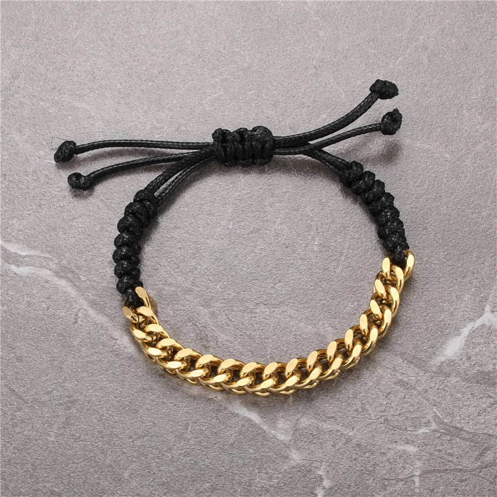 New Mix Material Rope Braided Wrist Band Half Stainless Steel Gold Plated Cuban Link Silver Wheat Chain Bracelet for Men