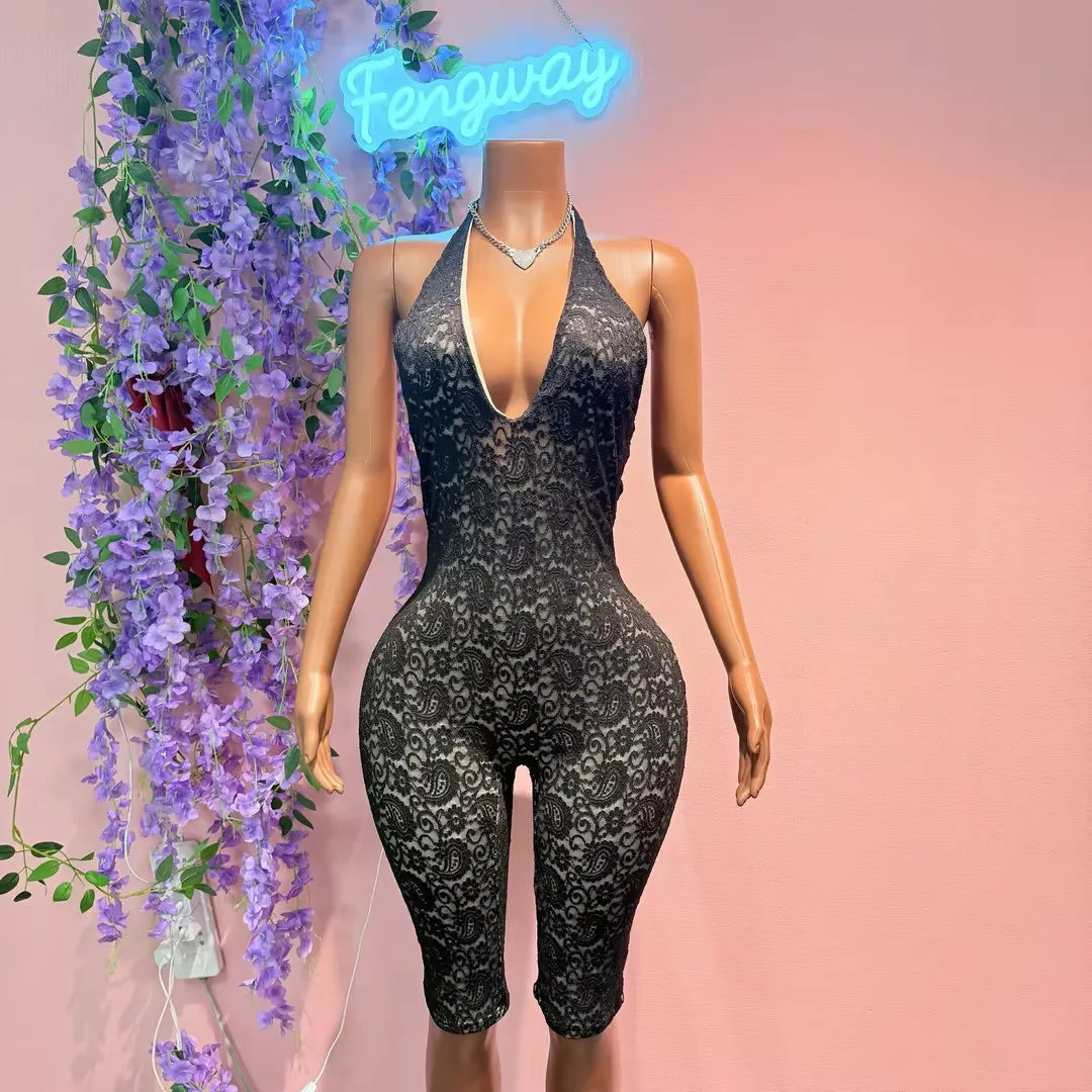 2026 New Summer Sexy Lace Low Cut Backless Knitted Bodycon Elegant Deep V Neck One Piece Romper Jumpsuit Women Tights for Women