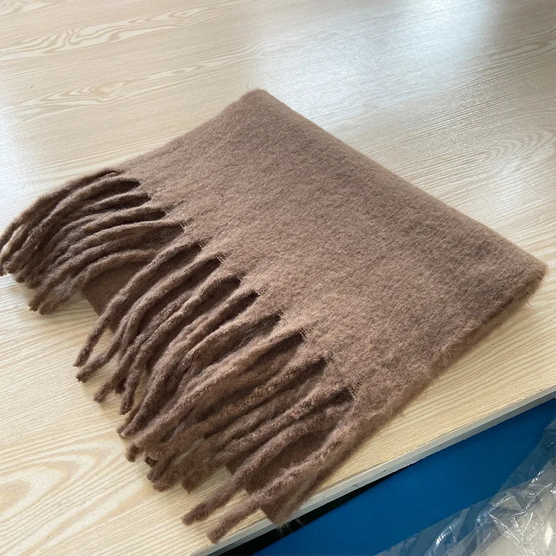 2025 New Solid Color Rough Bearded Cashmere Like Scarf for Women in Autumn and Winter Thickened Warm Shawl Scarf