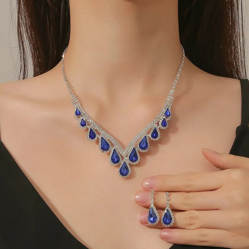 Wholesale Accessories: Chic Sapphire Bridal Jewelry Set - Necklace & Earrings for Elegant Evening Dresses & Weddings