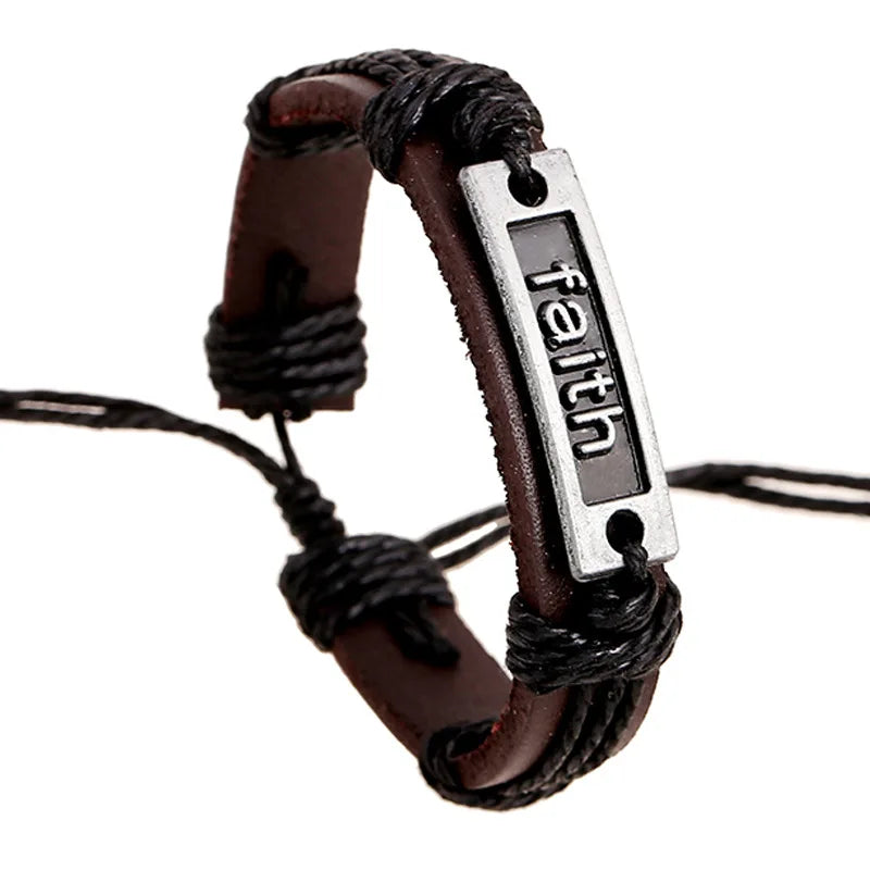 Handmade Leather Bracelet for Men Wholesale Encourage Letter Faith Hope Engraved  Bracelet
