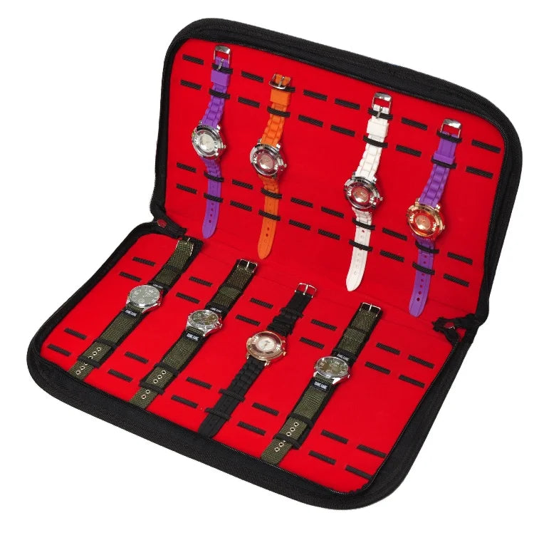 Black Leather Red Velvet Interior Travel Watch Strap Storage Organizer Bag With Zipper