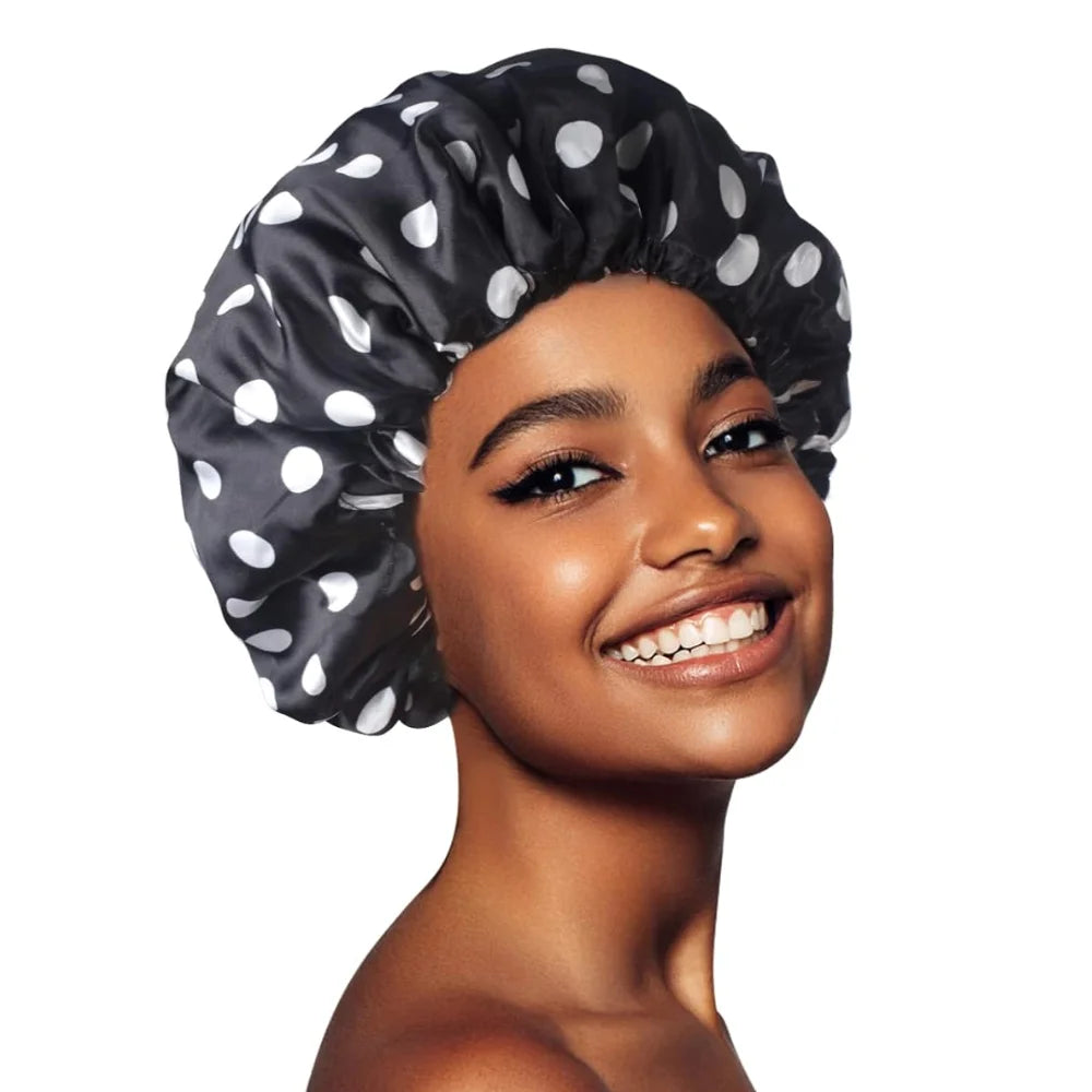 QINGYAN Custom Black Polka Dot Reusable Shower Cap New Design Waterproof Spa Cover for Women Soft and Quick Dry for Cleaning