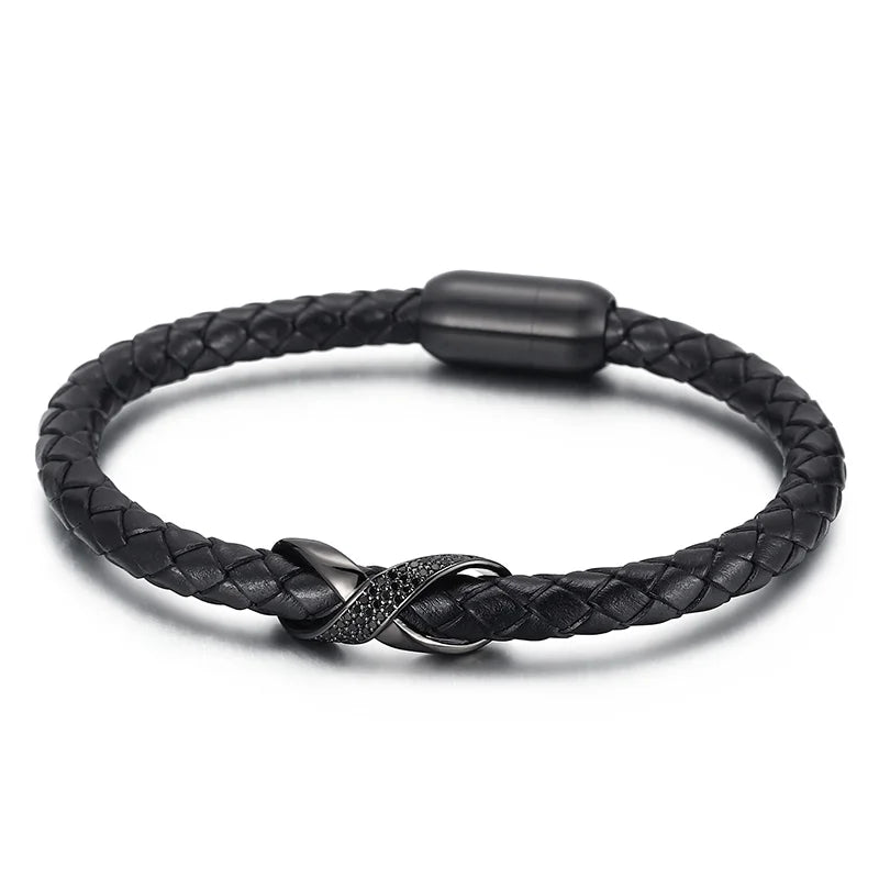 KALEN Trendy Mens Leather Bracelets Bangles With Stainless Steel Charm
