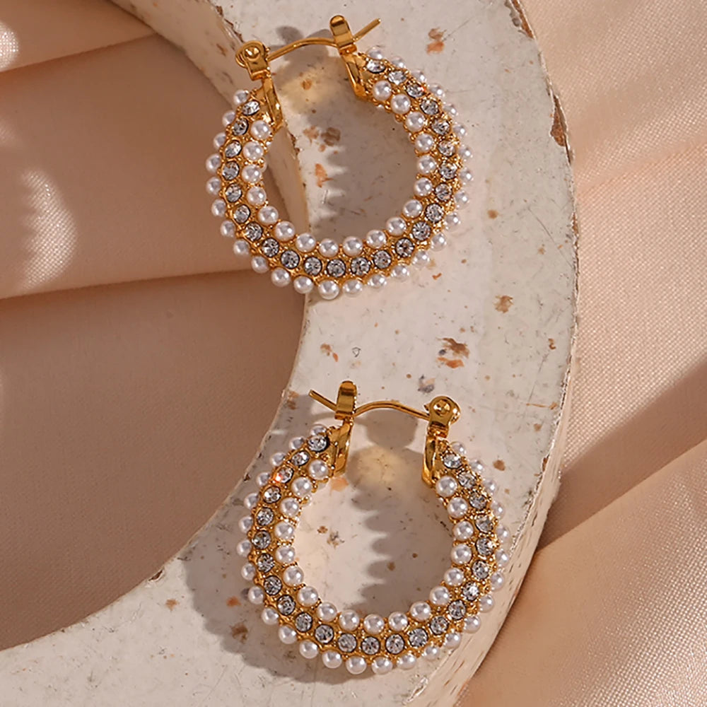 Waterproof Fashion Jewelry 18K Gold Plated Big Pearl Earring Stainless Steel Pearl Hoop Earrings for Women