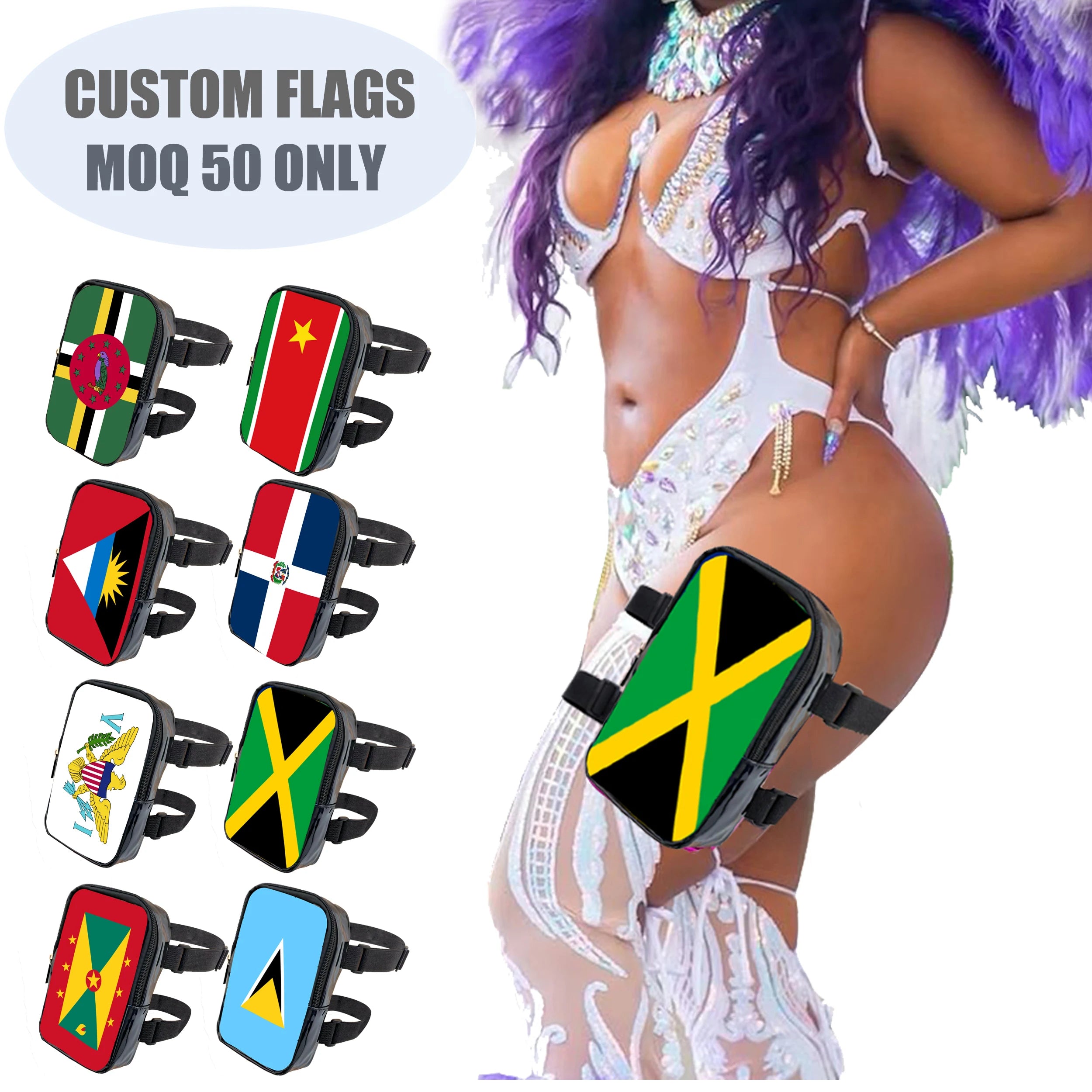 Custom Country Flags PU Waist Bag Thigh Pouch for Carnival Leg Bag Waterproof Zipper for Outdoor Travel Packing Three in One