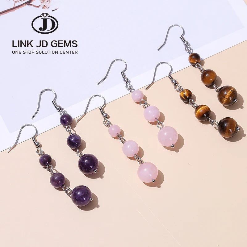 JD Women Fashion Jewelry 6 8 10mm Stainless Steel Ear Drop Natural Yellow Tiger Eye Pink Quartz Round Bead Dangle Earrings