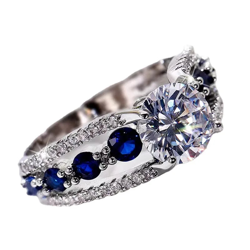 2023 New Cross-border Creative Sapphire Blue Copper Inset Zircon Ring