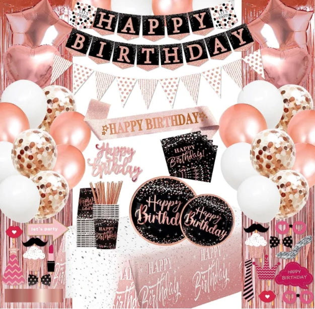 Women 30th Birthday Party Supplies Rose Gold Banner Curtain 30 Foil Balloon Paper Plates Napkin Straw Tablecloth Cupcake Toppers