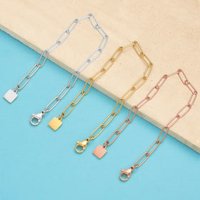Minimalist Gold Plated Big Link Chain Square Lettering Bangle Stainless Steel Geometric Paper Clip Chain Bracelets for Women