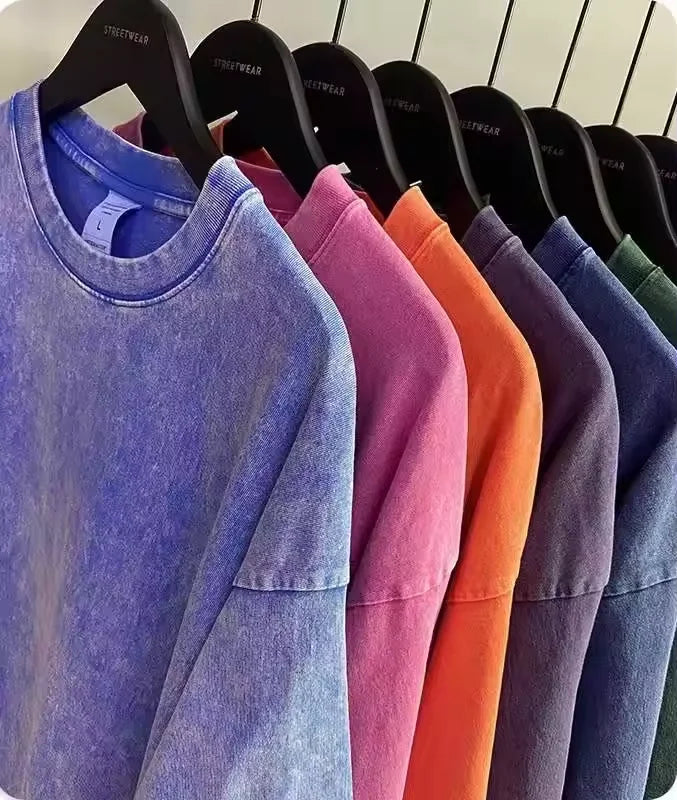 2024 Spring Summer Vintage Distressed Washed Men Regular Fit Knitted Printed 100% Cotton Heavyweight Acid Wash Custom Your Own