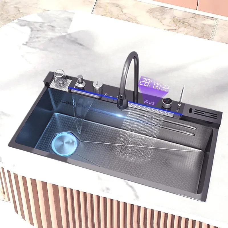Update Black Smart Digital Display Kitchen Honeycomb Stainless Steel Sink with Knife Rest and Waterfall Faucet for Hotel Kitchen