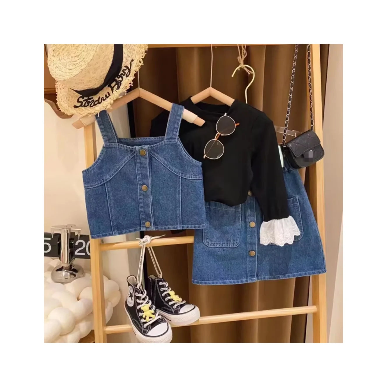 Spring Dress Girls  3-Piece Set 2024 New Girls Camisole + Base Shirt + Short Dress 3-Piece Set