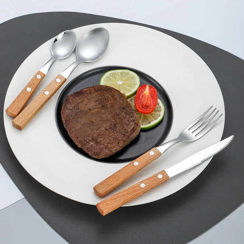 Hot Selling Stainless Steel Cutlery Wooden Handle Flatware Mirror Knife Fork Spoon Silverware for Restaurant