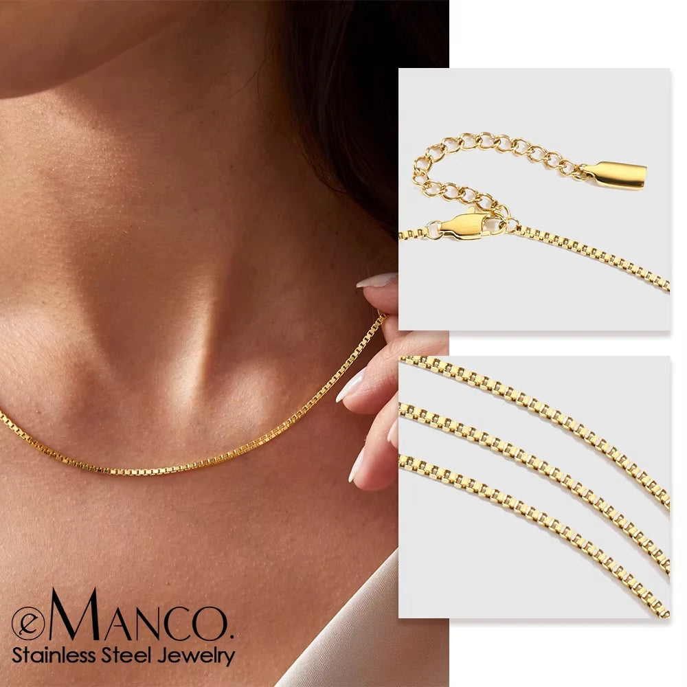 EManco Unisex Stainless Steel 14K Gold Plated Pvd Gold Box Chain Lobster Clasp Simple Gold Waterproof Box Chain