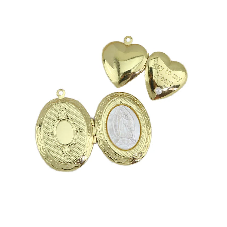 CZ8669 Unique Jewelry Supplies 18k Gold Plated MOP Shell Virgin Mary Lady of Guadalupe CZ Diamond Pave Heart Locket Pendants