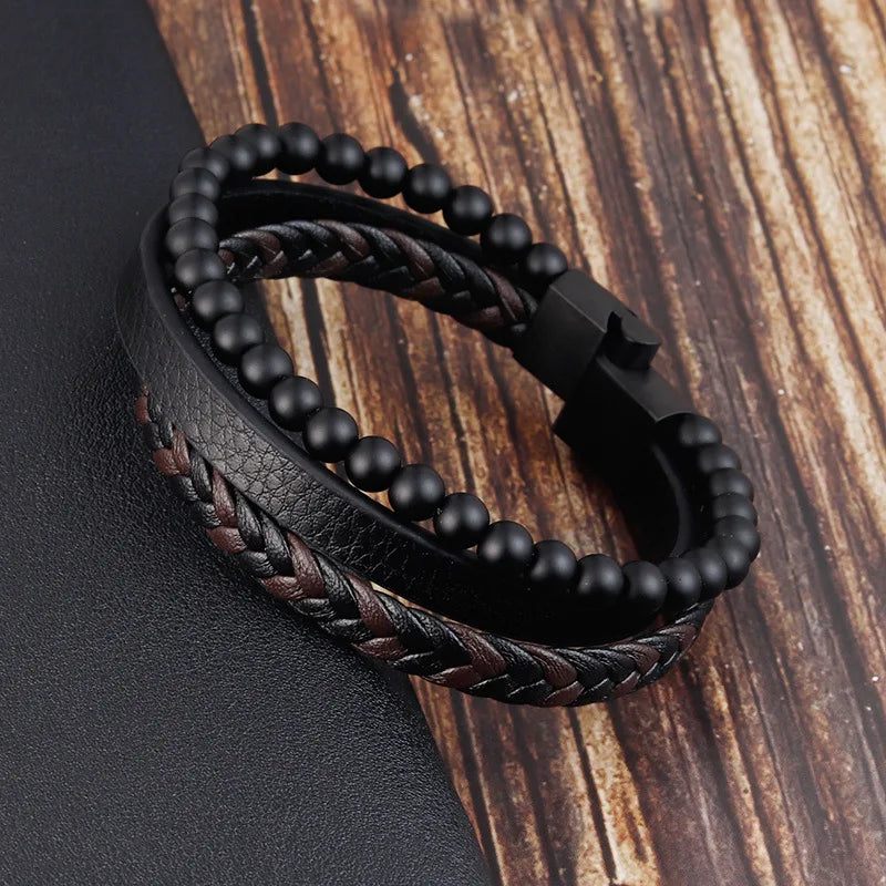 Wholesale Tiger's Eye Lava Natural Stone Bead Braided Charm Leather Bracelet With Magnetic Clasp Black Genuine Leather Bracelet