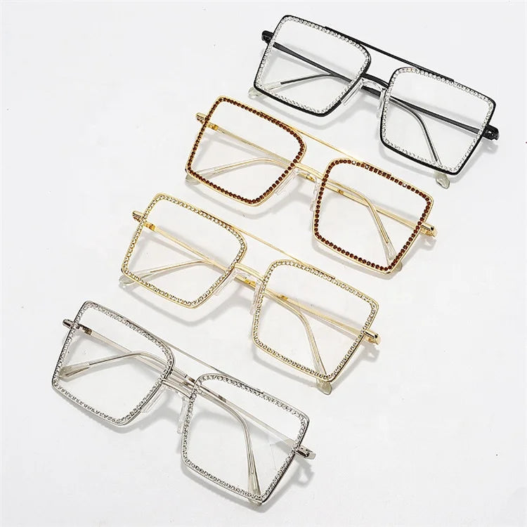 Jiuling Eyewear Oversized Rectangle Rhinestone Frame Eyeglasses Custom logo Luxury Double Bridge Myopia Glasses for Unisex