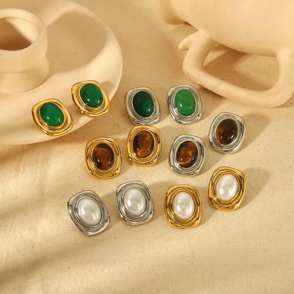 Wholesale Retro Waterproof Stud  Earrings 18K Gold PVD Plated Stainless Steel Natural Stone Pearl Earring for Women