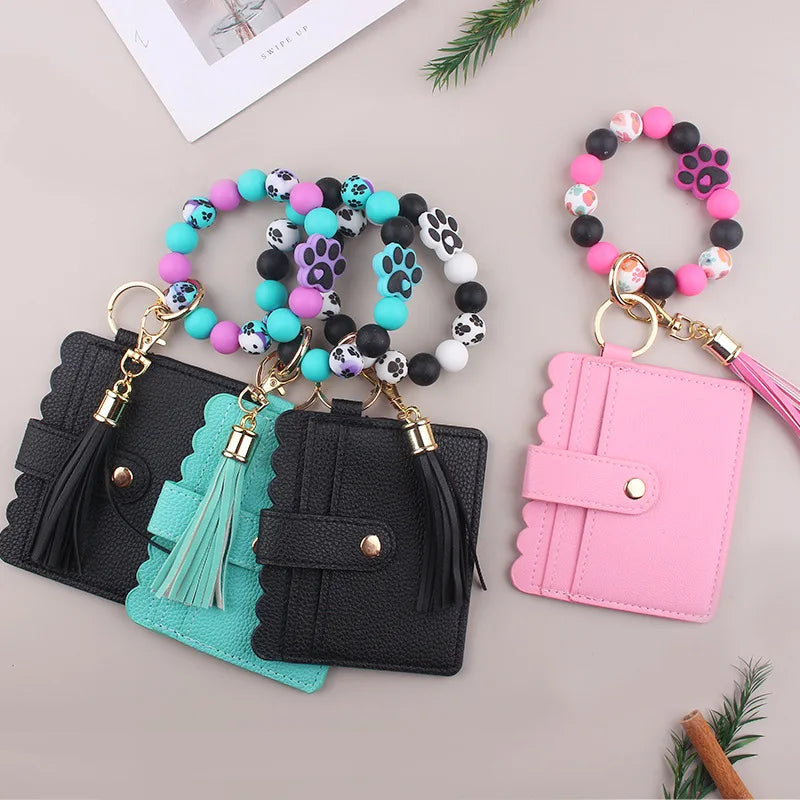 New Cartoon Dog Paw Card Holder Accessories Beaded DIY Dog Paw Silicone Bracelet Wallet Keychain Women