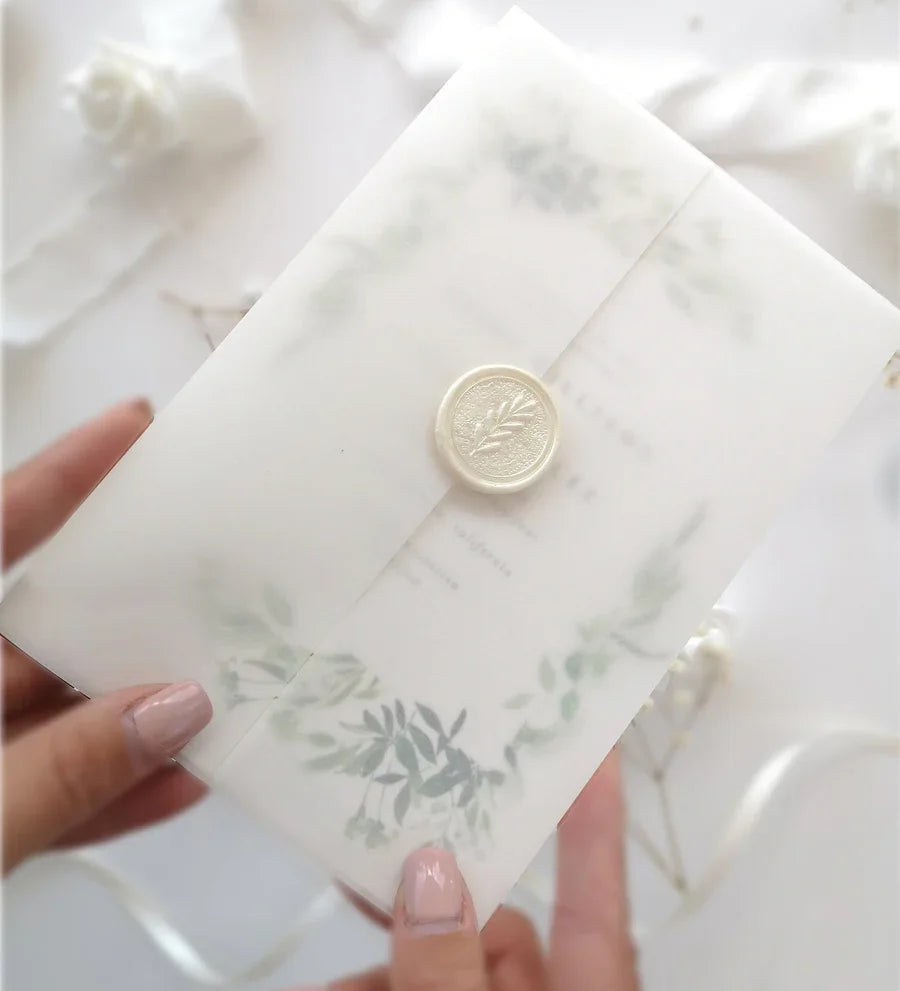 130X180Mm 150G Pre-Creased Translucent Clear Vellum Wrap Jackets for Wedding Invitations Not Include Printing Card and Wax Seal