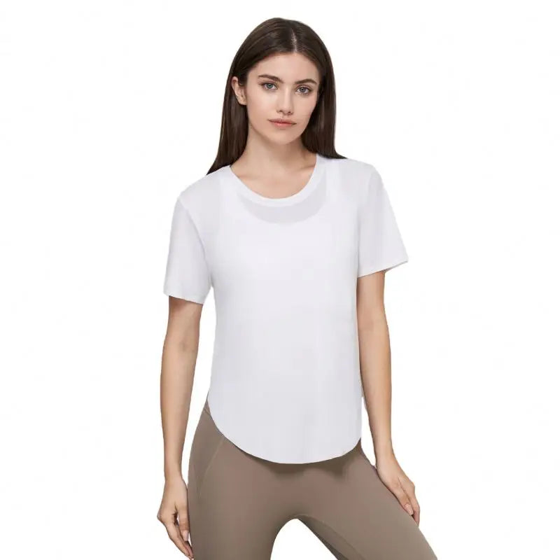 High Quality Custom Logo Plain Color Pure Cotton Round Neck Curve Fitness Top Women's T-shirts