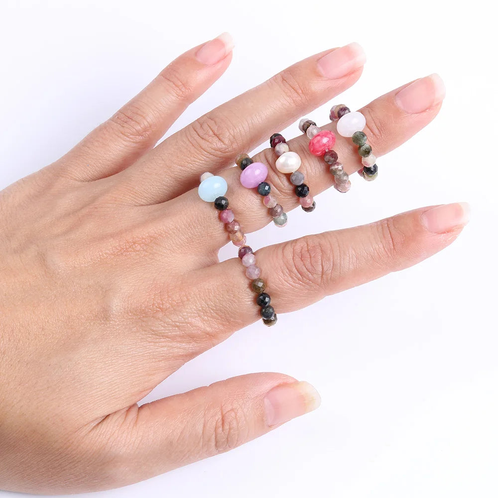 Adjustable Natural Stone Modle Handmade Mix Raw Genuine Dainty Gemstone Bead Rings for Women