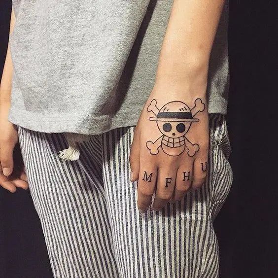 Popular One Piece Anime Luffy's Skull Sign Temporary Tattoo 15 Days Plant-Based Formula Design for Back Arm Black Hand