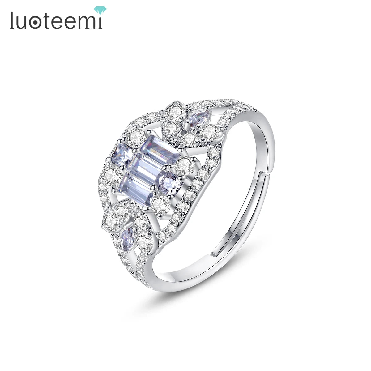 LUOTEEMI Woman Cubic Zirconia Square Finger Jewelry Lady Wedding Korean Dainty Rhodium White Gold Plated Copper Zircon Ring