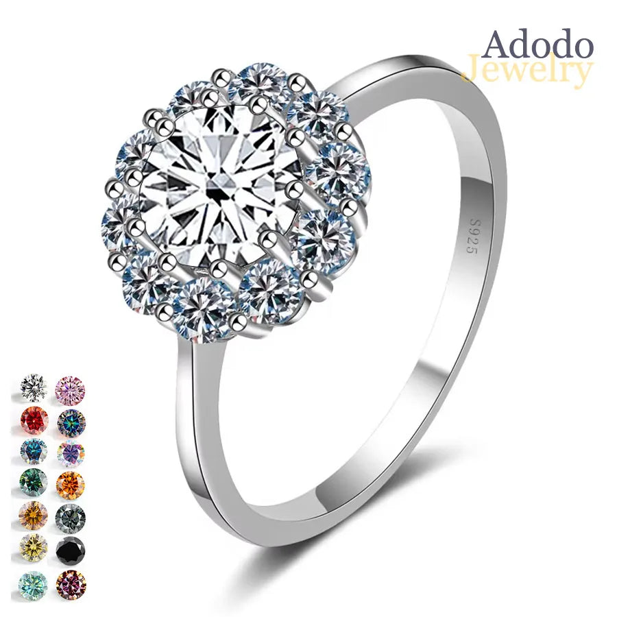 Simple Fine 925 Silver Rhodium Plated Anti Tarnish Finger Rings Round Cut 1CT VVS Colored Pink Halo Moissanite Jewelry for Women