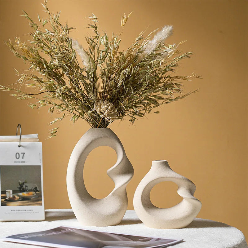 European Minimalist Donut-Shaped Ceramic Vase Creative Hydroponic Dried Flower Container Cross-Border Home Decor Ornament Matt