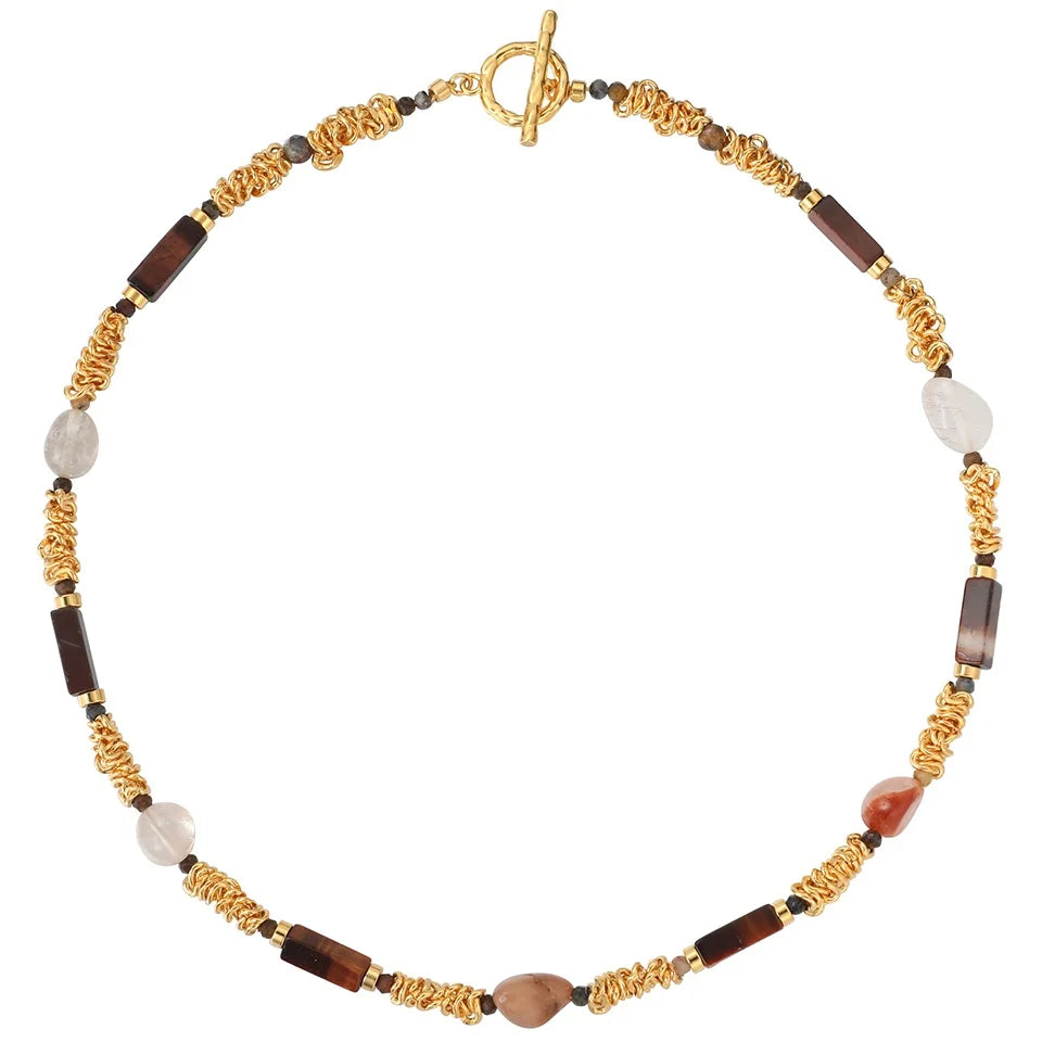 New Tiger Eye Natural Crystal Stones Brass Gold Metal Splicing Beaded Necklaces Jewelry Customized