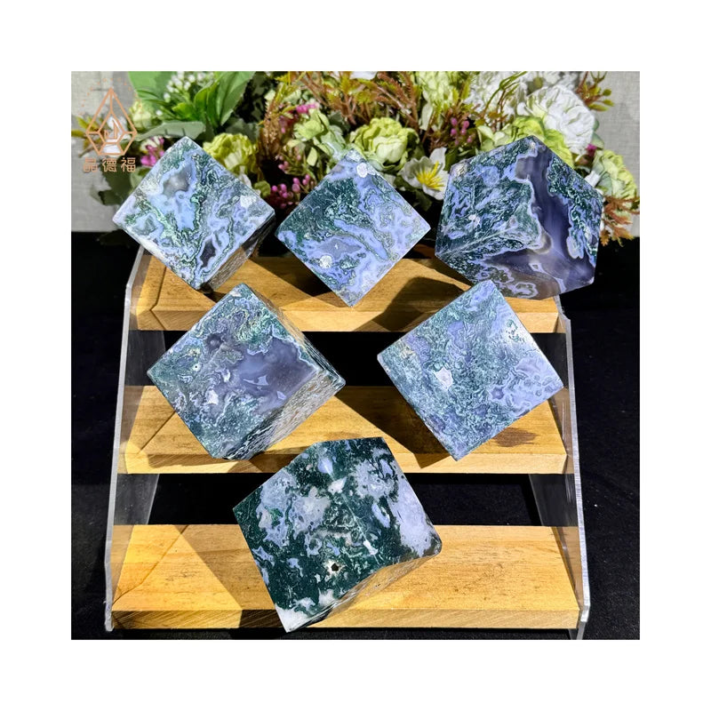Kindfull Wholesale Crystal Healing Fengshui Block Druzy Moss Agate Cubes for Sale