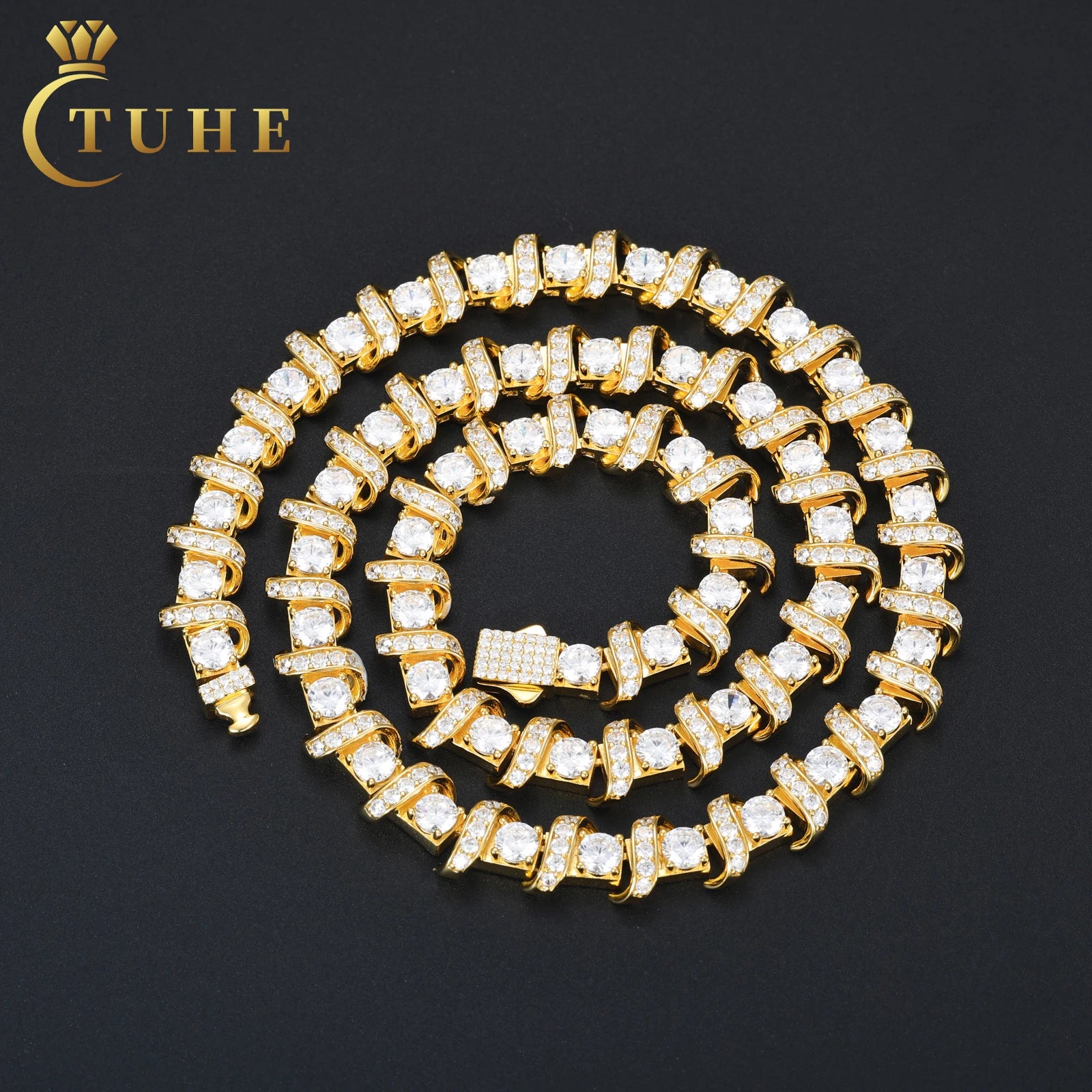 Luxury Fashion Design 10mm Gold Plated 925 Sterling Silver VVS Moissanite Diamond Iced Out Link Chain for Men Women
