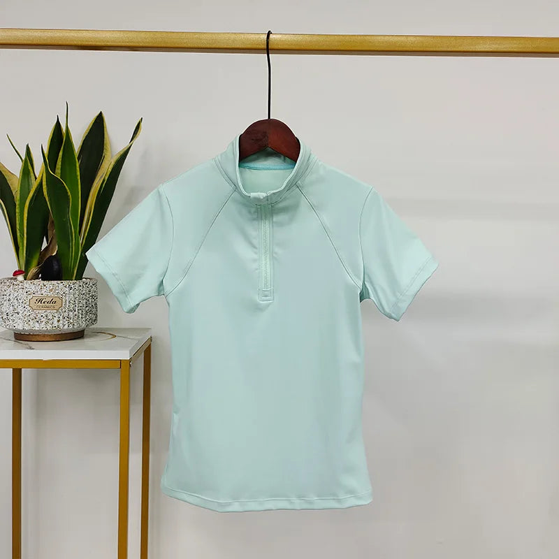 Summer Light Green Popular Horse Riding Base Layer Performance Short Sleeve T-Shirt Nylon Equestrian Clothing