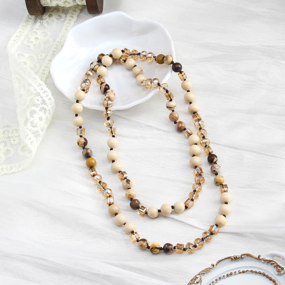 New Bohemian Style 8mm Natural Stone Crystal Glass Beaded Knotted Necklace for Women Daily Wear