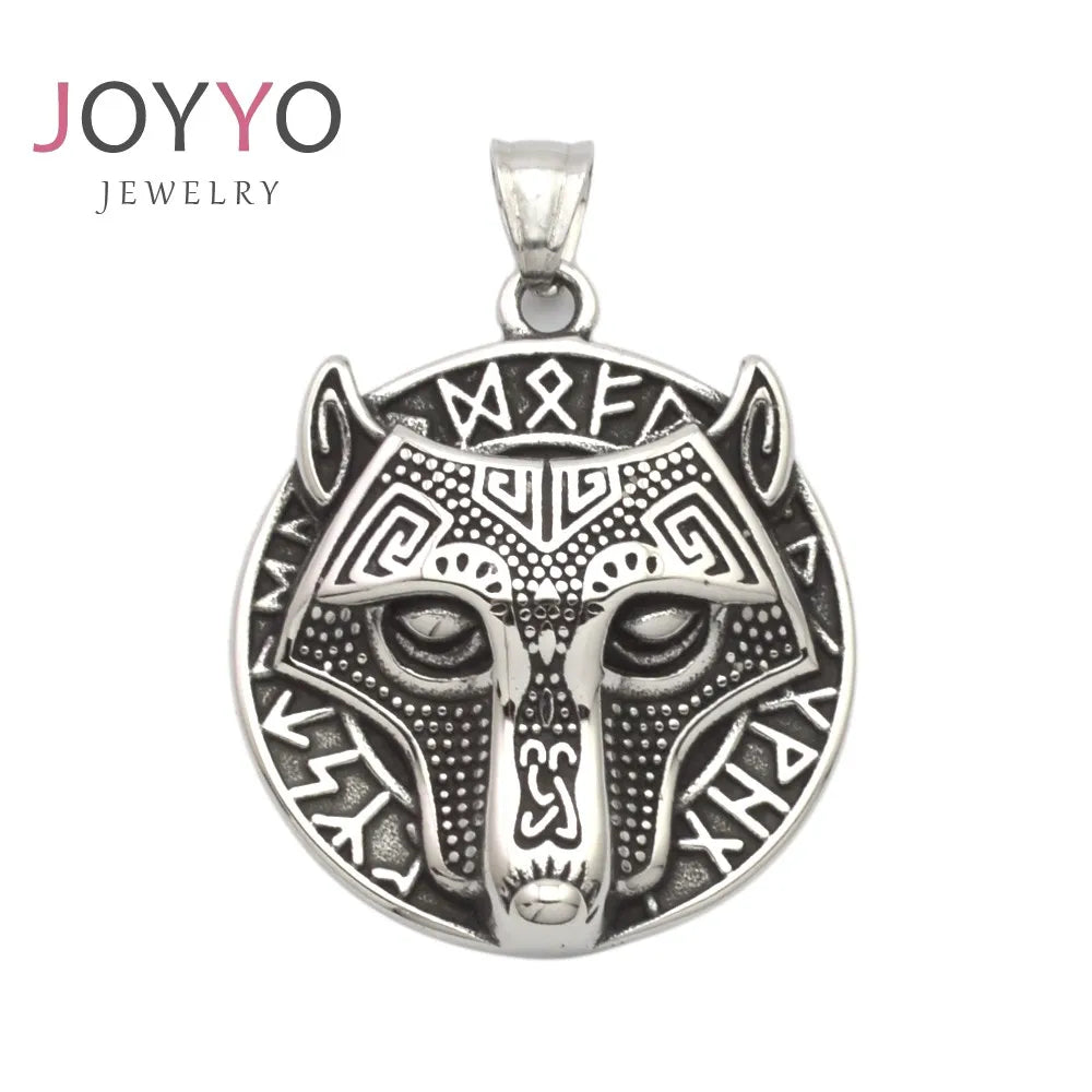 Wholesale Personality Amulet Stainless Steel Viking Necklace Wolf Head Odin Rune Pendant for Men's Necklace