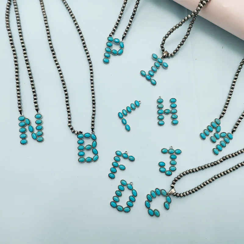 2023 Fashion 26 Turquoise A-Z Letters Western 4mm Navajo Pearl Necklace for Unisex