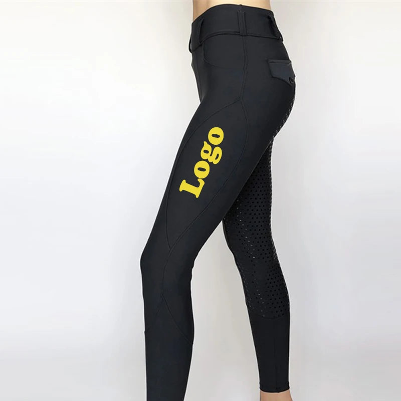 Stock Black Women's Full Seat Equestrian Pants Silicone Grip Printing Horse Riding Breeches Polyester Spandex Trousers Clothing