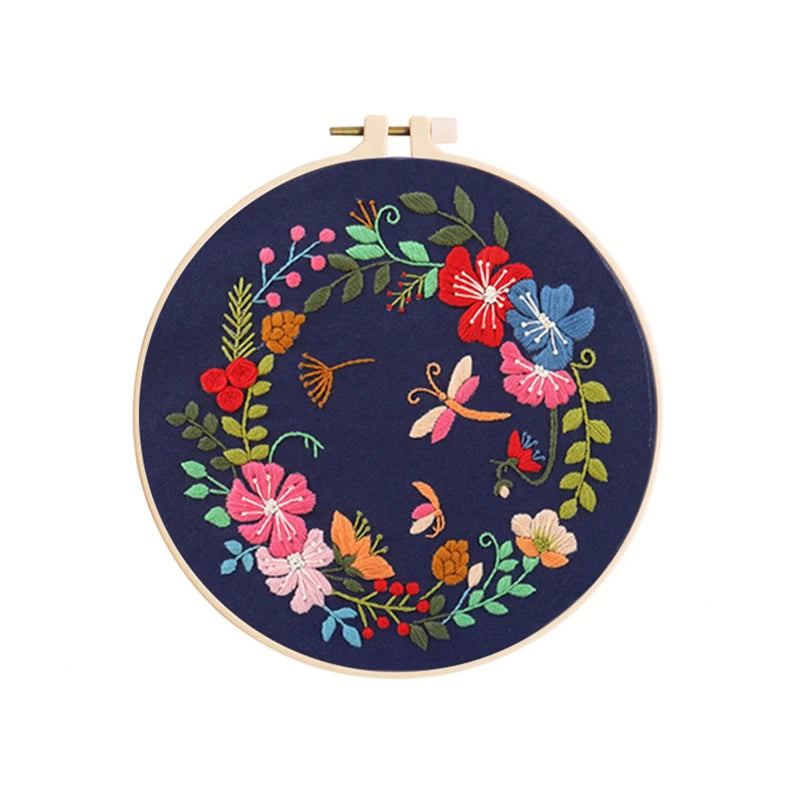 New Arrival Handmade Cotton Thread Embroidery Flowers Dragonfly Butterfly Fabric Art Embroidery Round Hoop Diy Kit