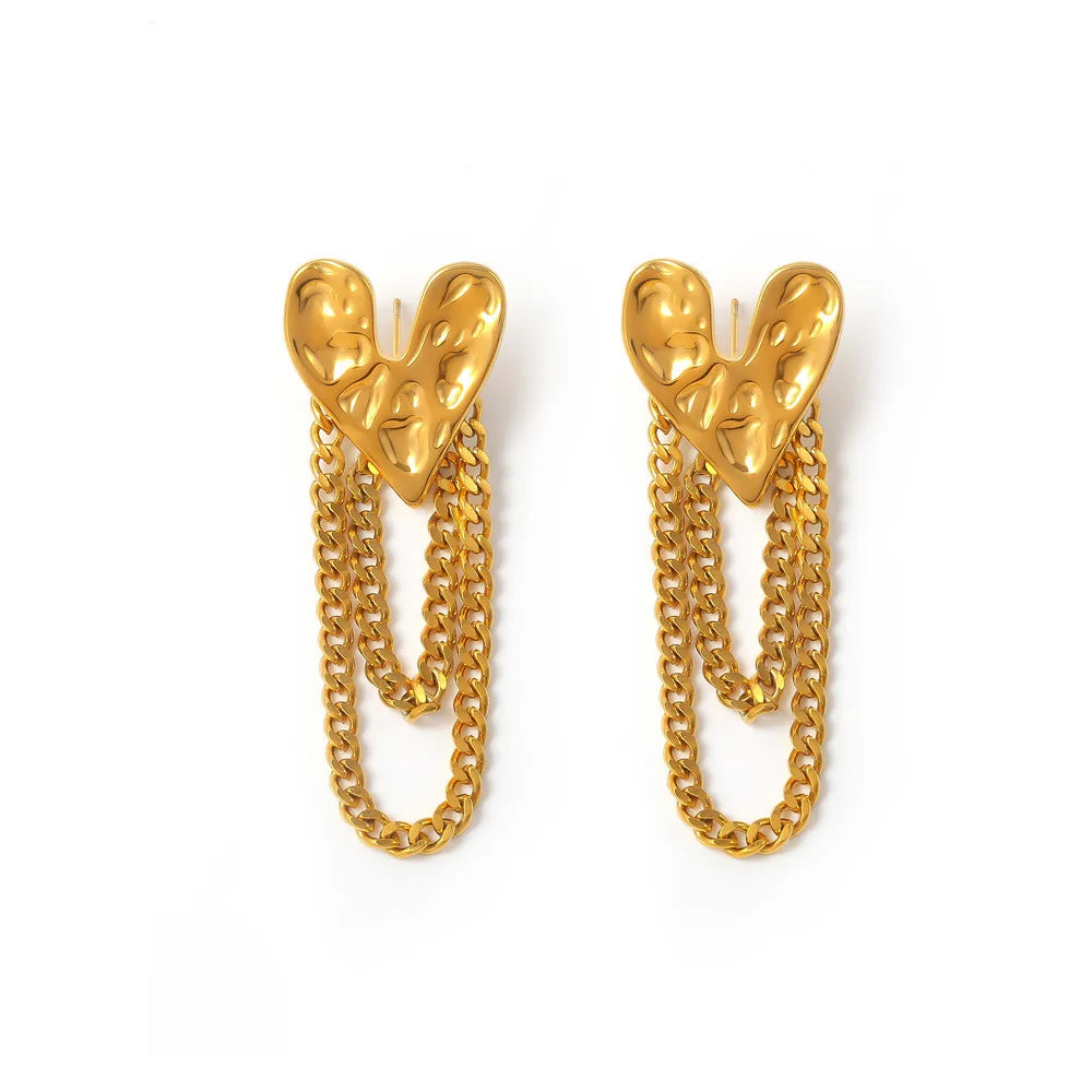 Chic 18k Gold Plated Lava Heart Stud Earrings Retro Personality Hammered Heart-shaped Tassel Stainless Steel Charm Earrings