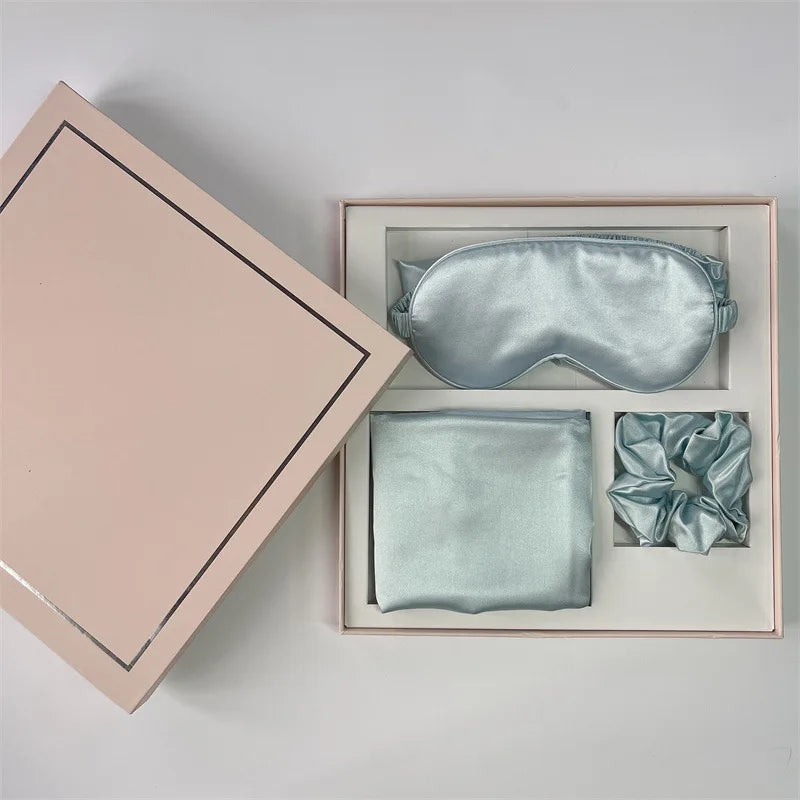 2025 New Design  Satin Faux Silk Eye Mask Hair Ring Sleep Eyeshade Gift Set With Eye Patch Pillow Cushion Cases Solid Pattern