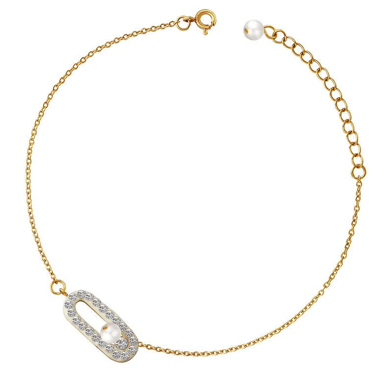 INS Stainless Steel 18K Gold Plated Imitation Pearl Link Zircon Circle Anklet Titanium Steel Geometric Zircon Rectangle Anklet