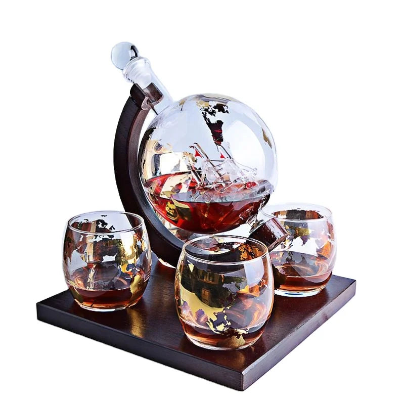 Thickened Gold Globe Whiskey Decanter with Gold Glasses