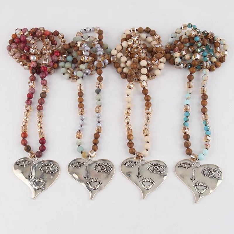 Fashion Boho Women Jewelry 6mm Natural Stone Crystal Glass Necklace Alloy Face Heart Pendant Necklace