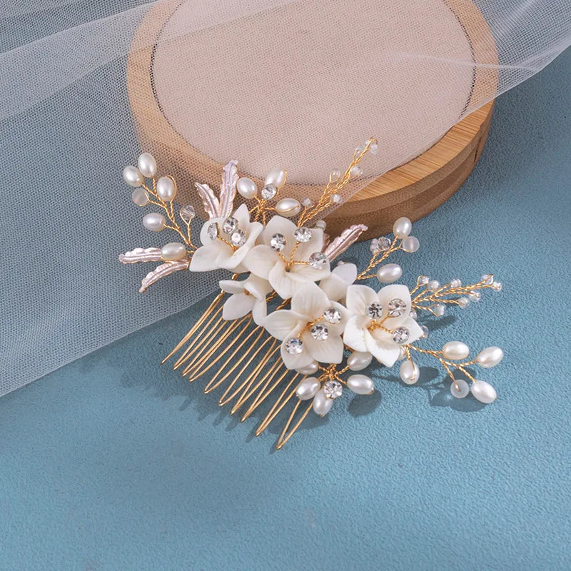 Ceramic Flower Bridal Wedding Alloy Leaf Rhinestone Wholesale Gorgeous Women Hair Combs